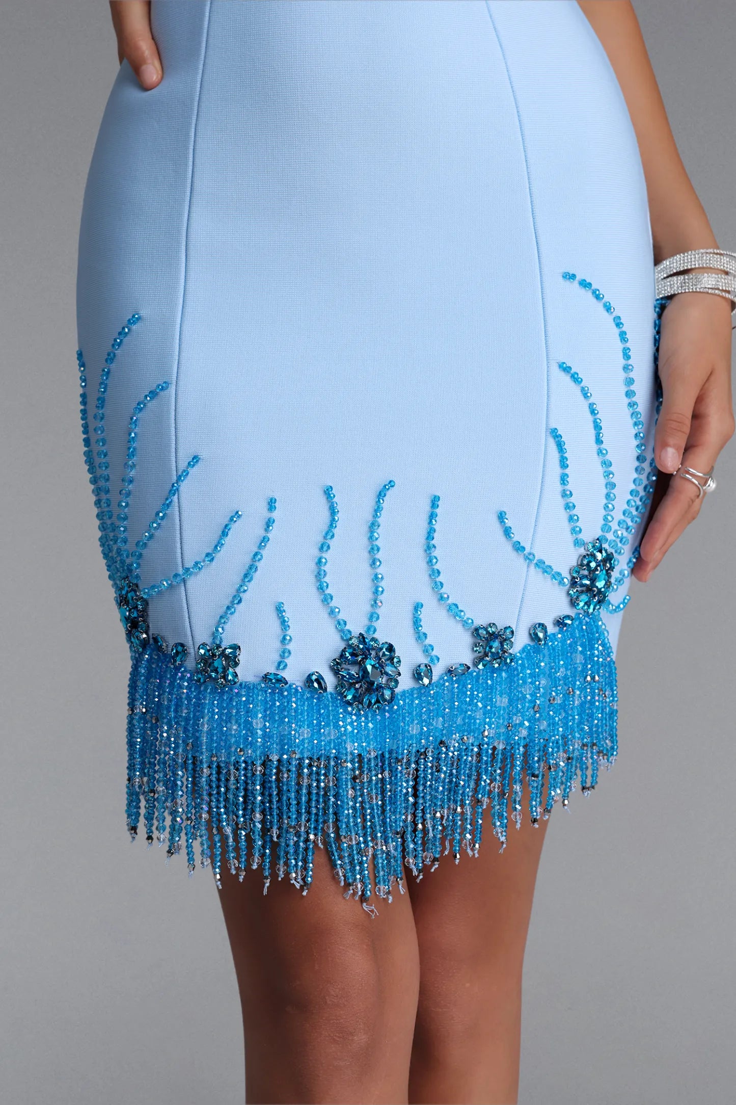 Powder Blue Beaded Fringe Bodycon Mini Dress