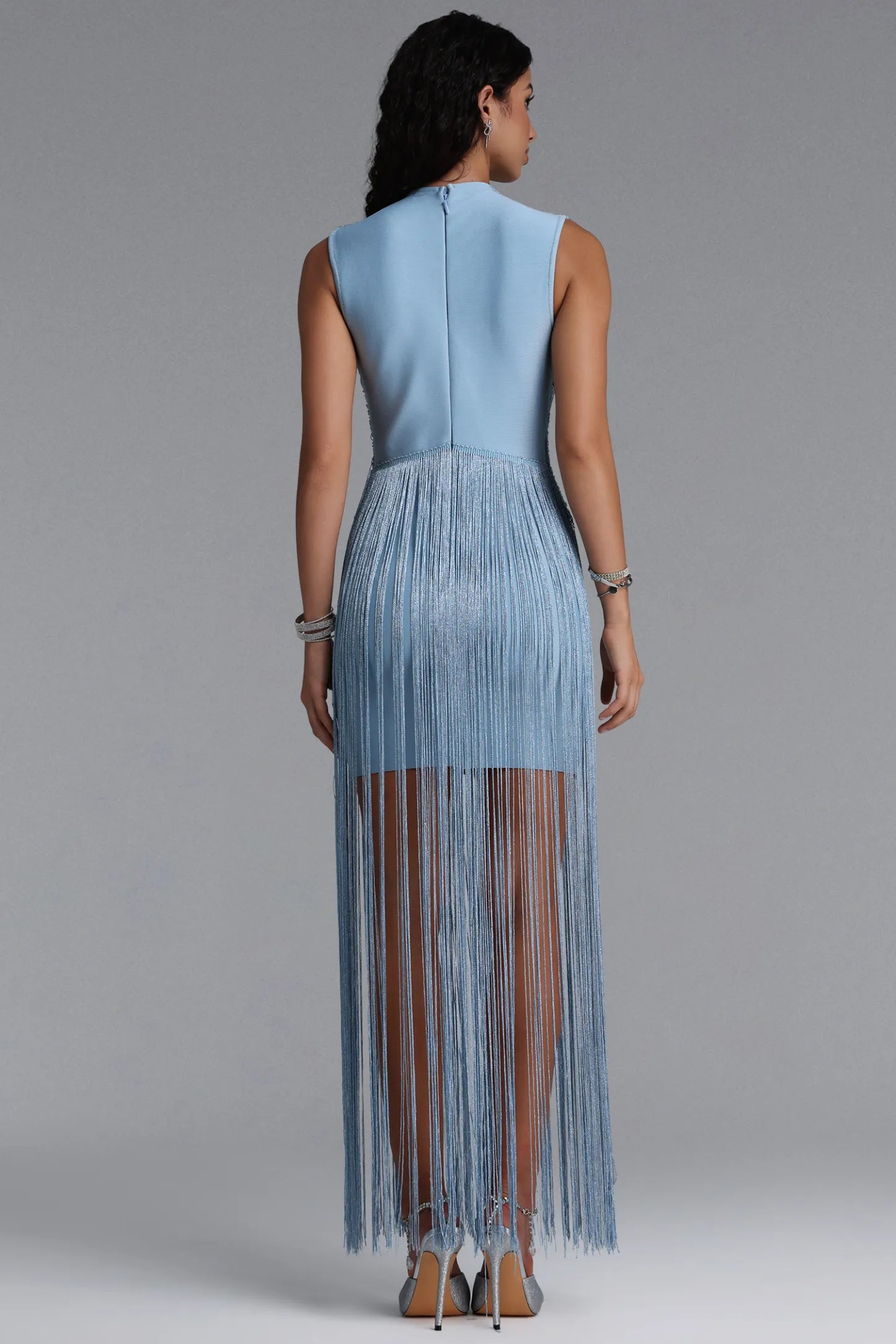 Icy Blue Draped Fringe Illusion Dress