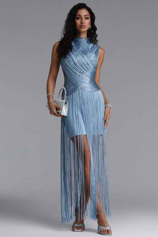 Icy Blue Draped Fringe Illusion Dress