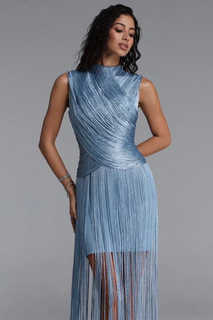 Icy Blue Draped Fringe Illusion Dress