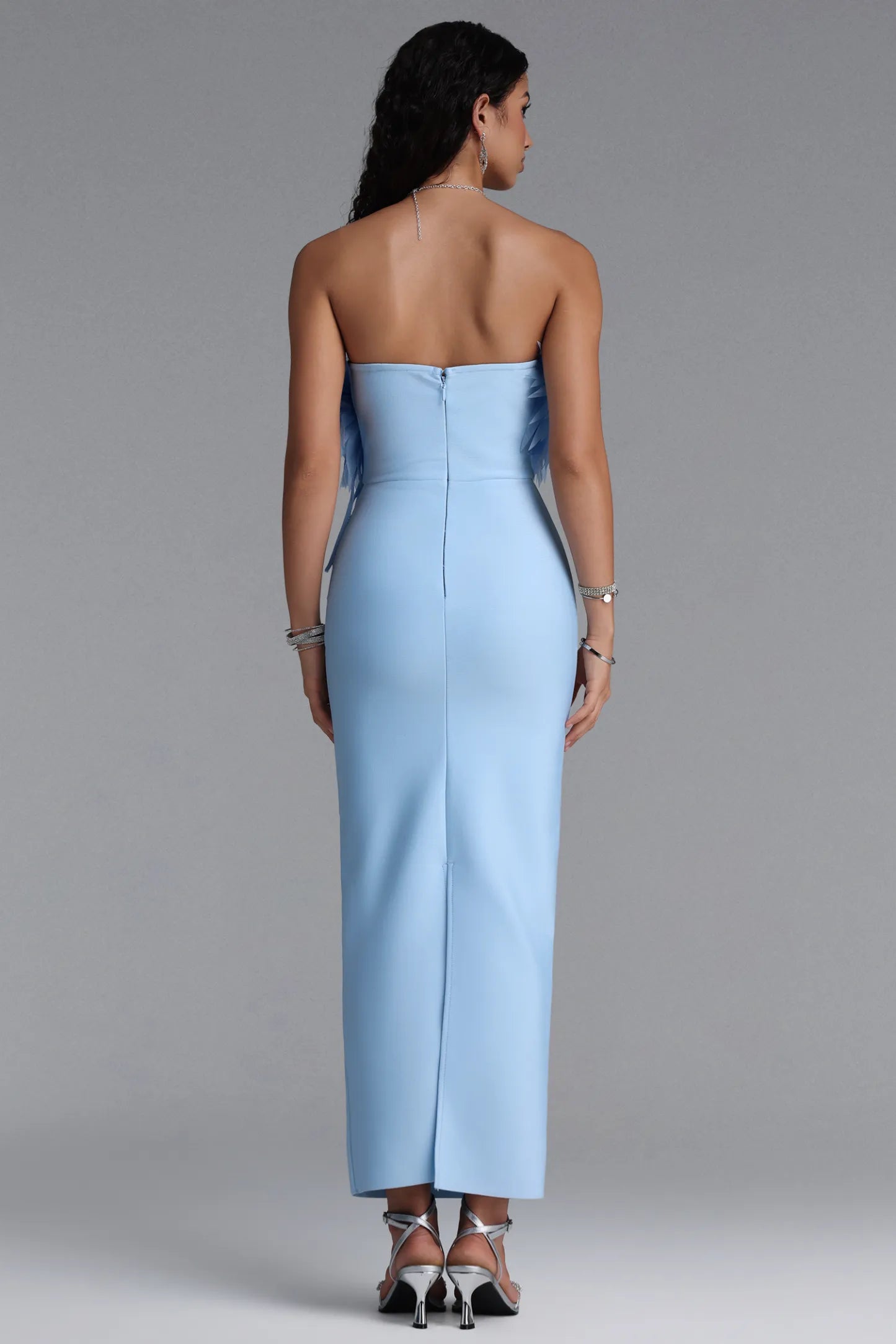 Powder Blue 3D Feather-Appliqué Column Gown