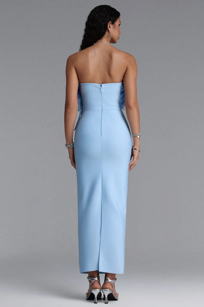Powder Blue 3D Feather-Appliqué Column Gown