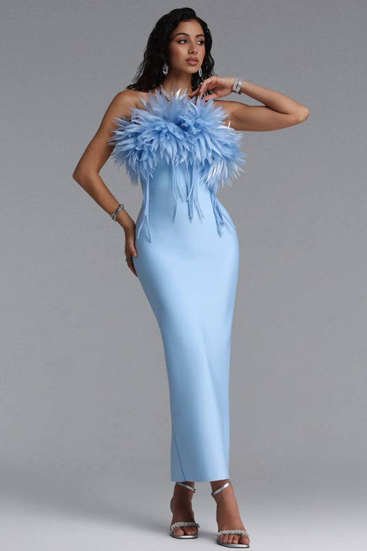 Powder Blue 3D Feather-Appliqué Column Gown