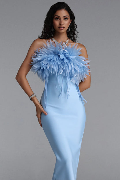 Powder Blue 3D Feather-Appliqué Column Gown