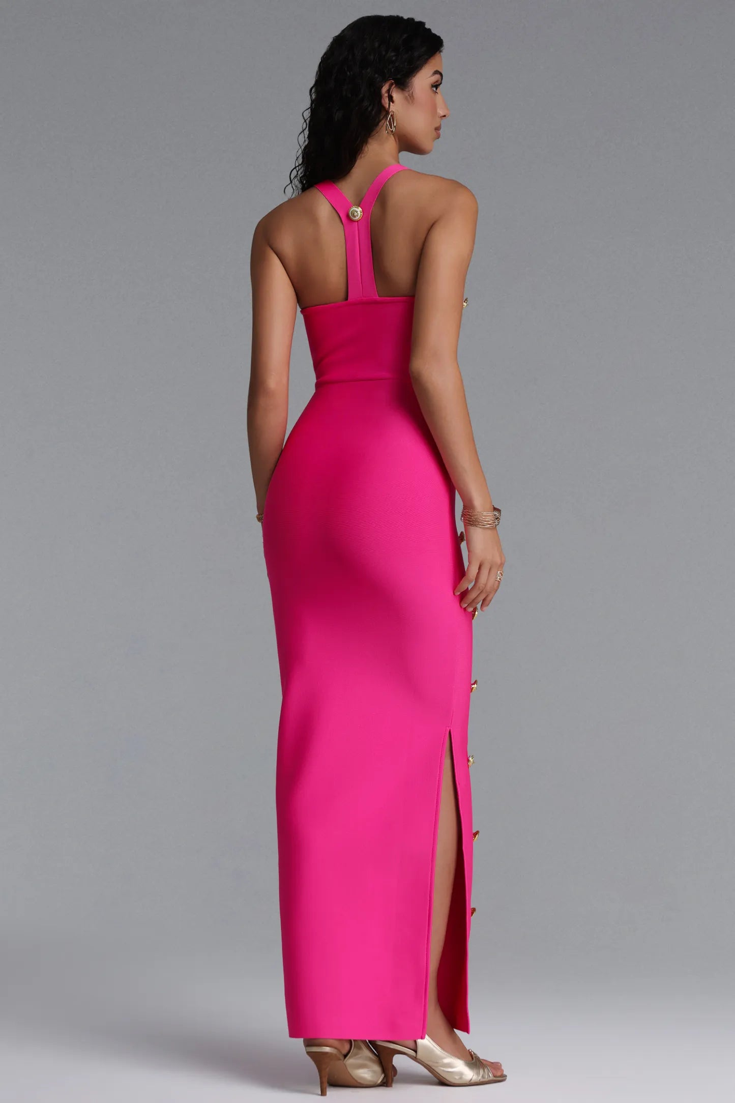 Hot Pink Bandage Midi Dress with Gold Buttons