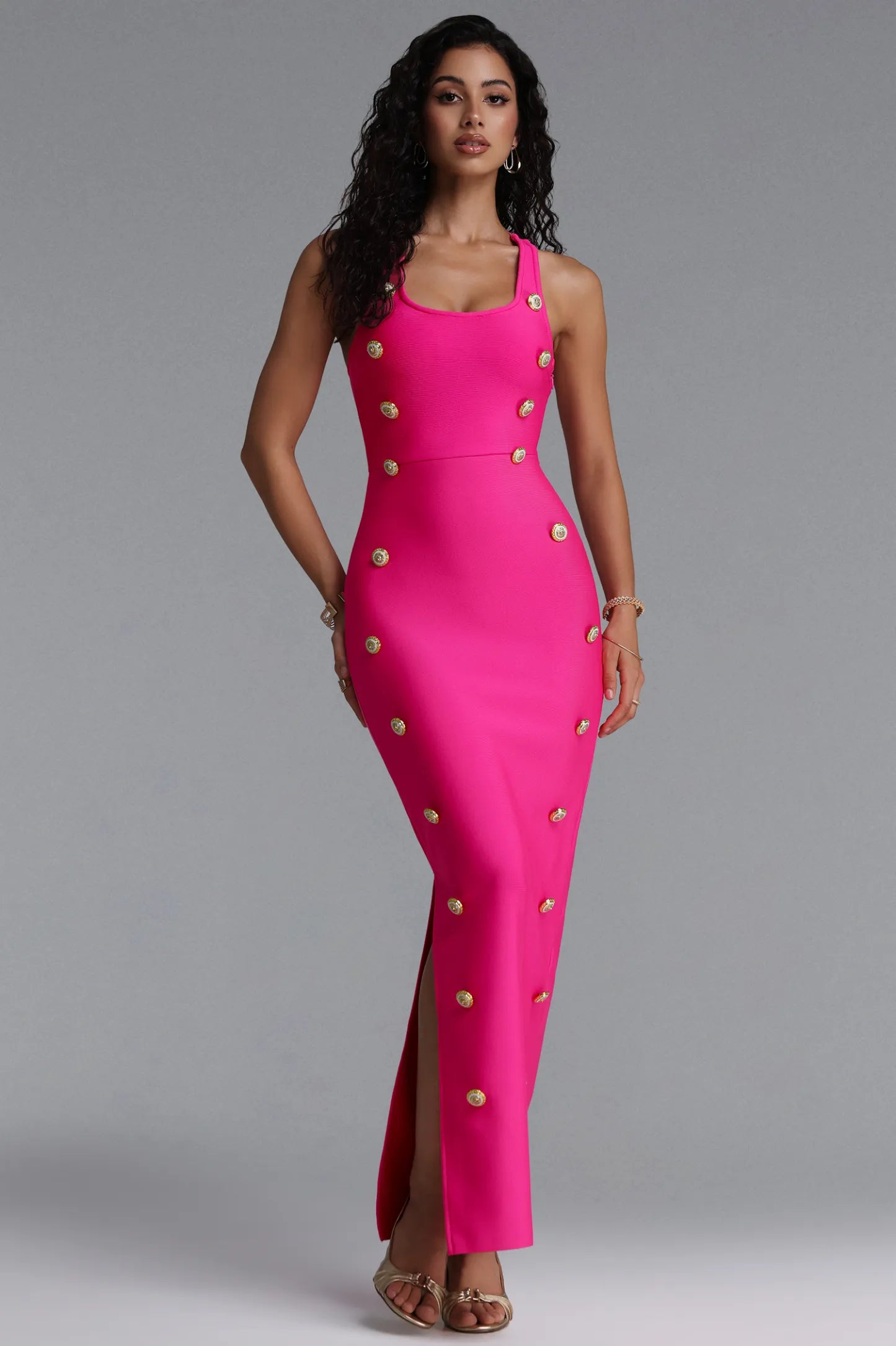 Hot Pink Bandage Midi Dress with Gold Buttons