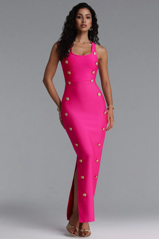 Hot Pink Bandage Midi Dress with Gold Buttons