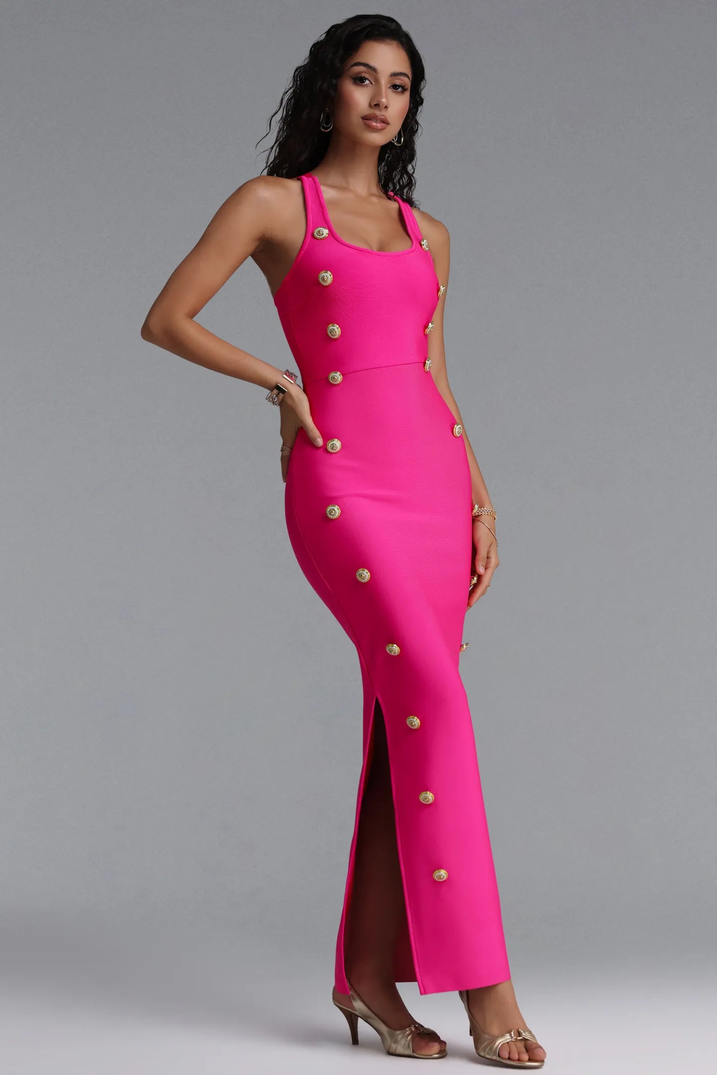 Hot Pink Bandage Midi Dress with Gold Buttons