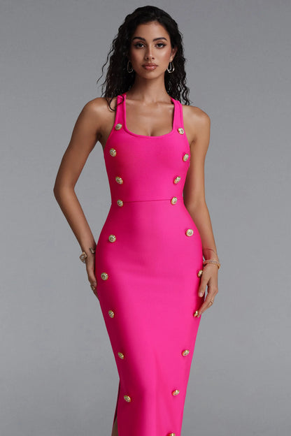 Hot Pink Bandage Midi Dress with Gold Buttons