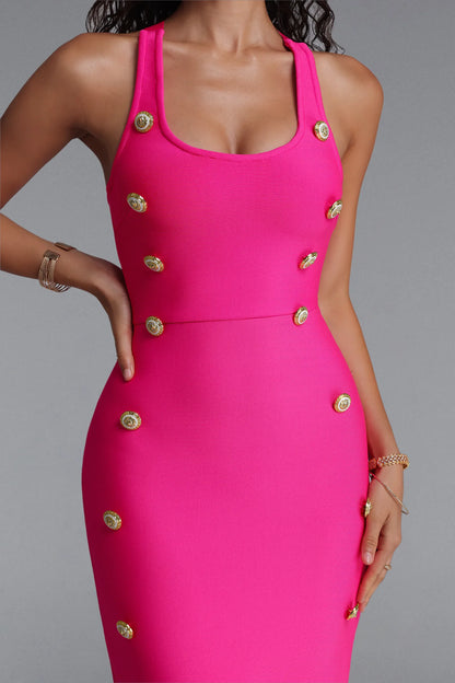 Hot Pink Bandage Midi Dress with Gold Buttons