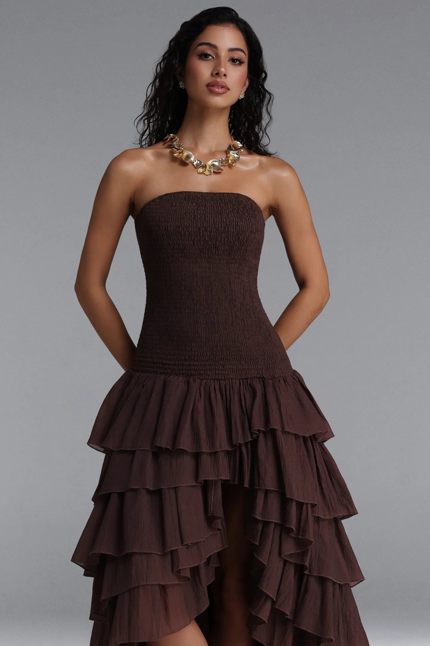 Chocolate Brown Smocked Tiered Ruffle Dress