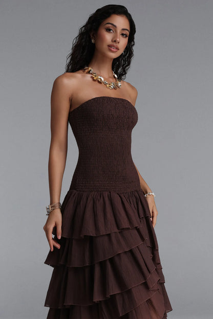 Chocolate Brown Smocked Tiered Ruffle Dress