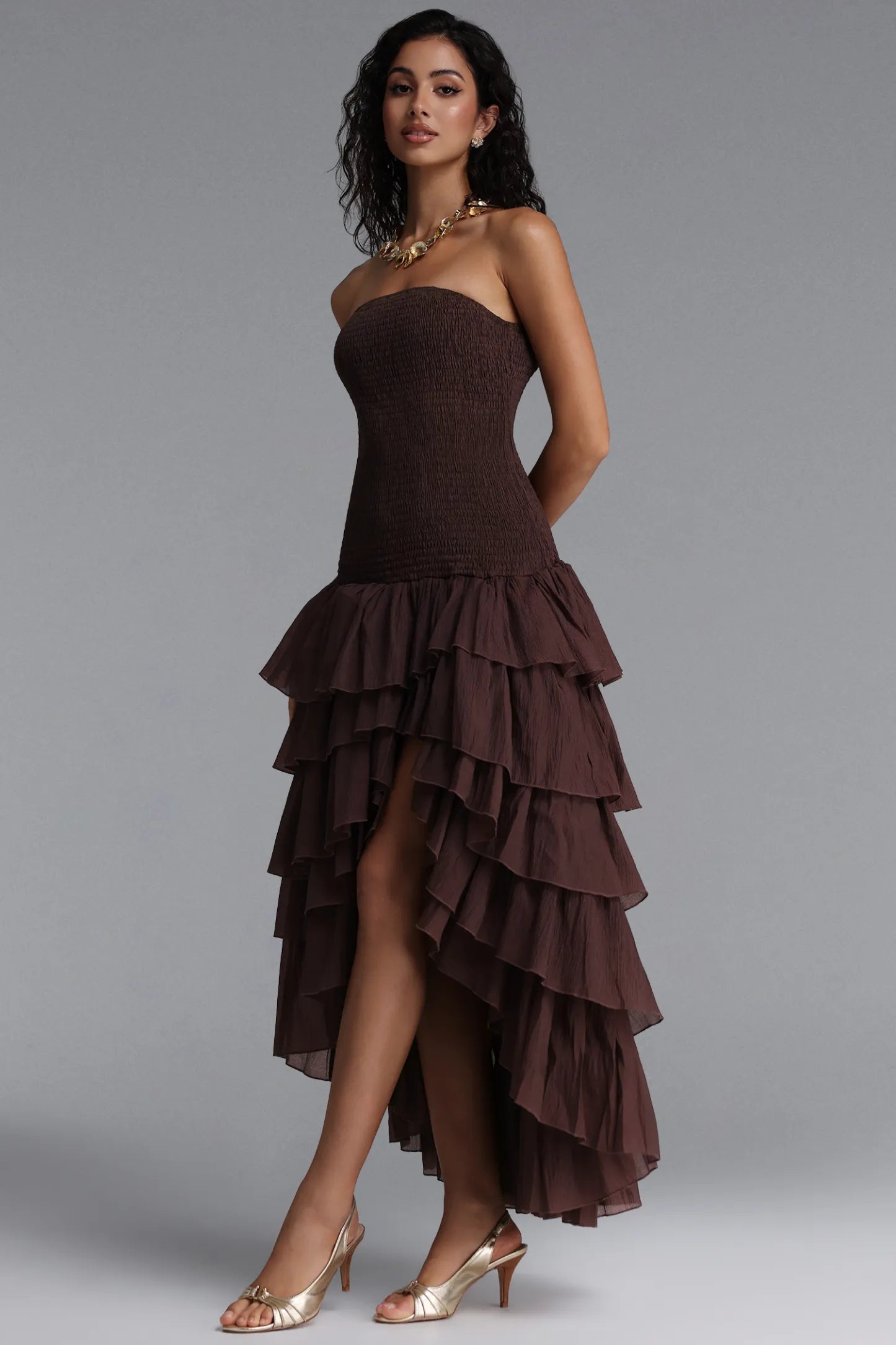 Chocolate Brown Smocked Tiered Ruffle Dress