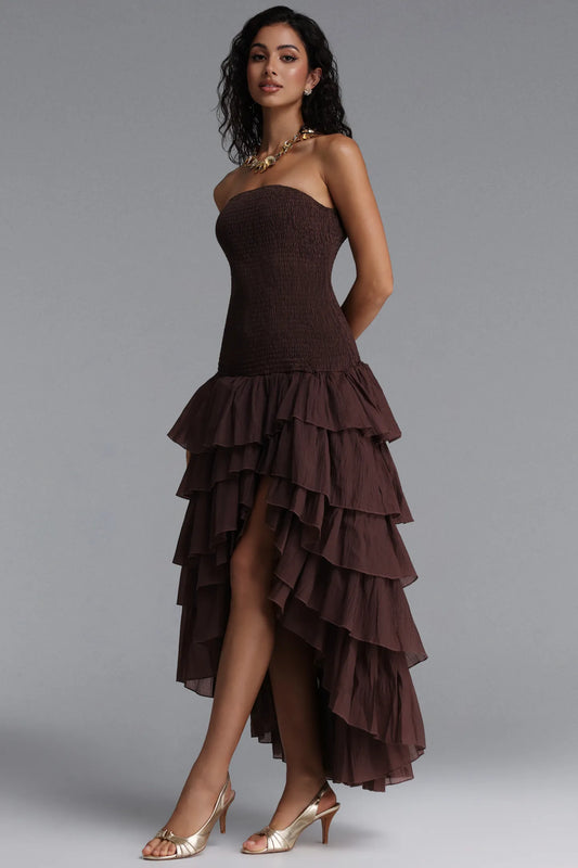 Chocolate Brown Smocked Tiered Ruffle Dress