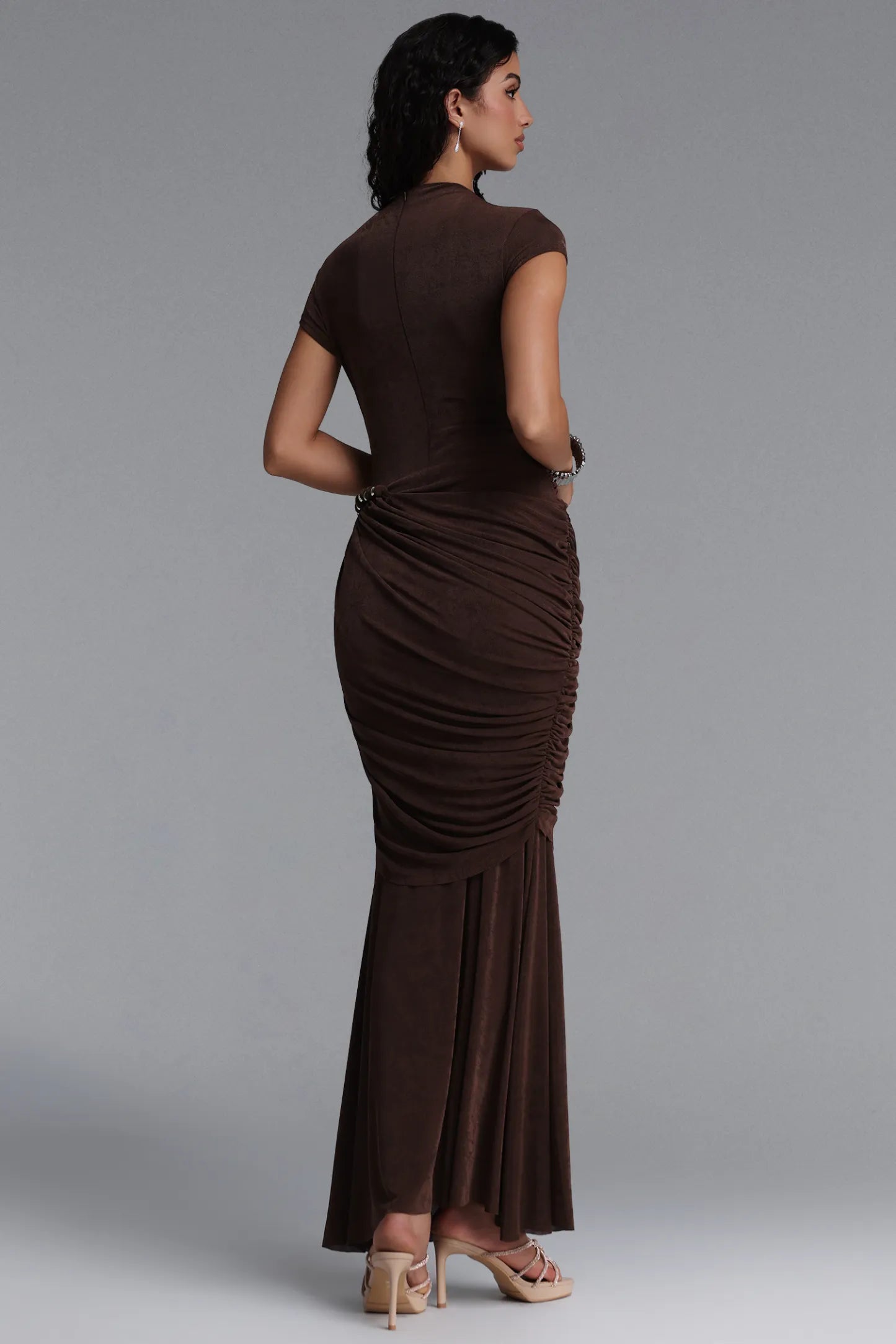 Chocolate Brown Asymmetrical Ruched Gown