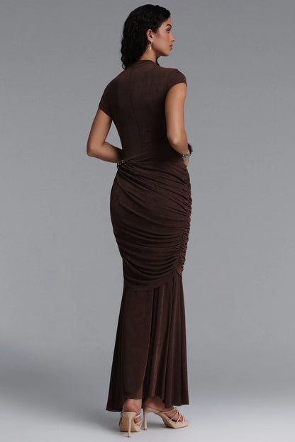 Chocolate Brown Asymmetrical Ruched Gown