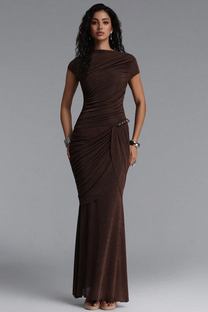 Chocolate Brown Asymmetrical Ruched Gown