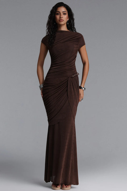 Chocolate Brown Asymmetrical Ruched Gown