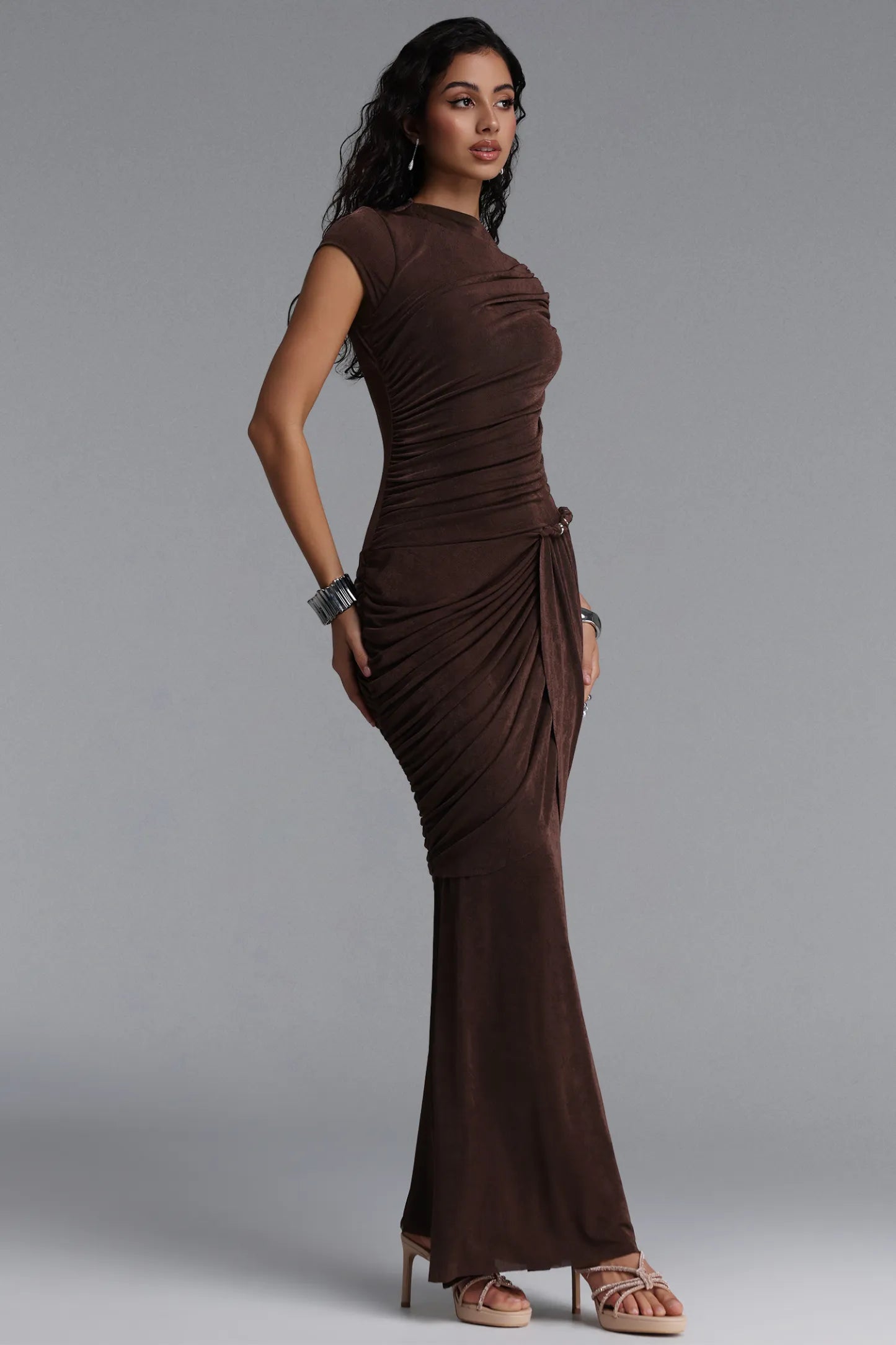 Chocolate Brown Asymmetrical Ruched Gown