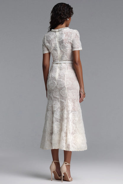Embellished Jewel Neck Rose Lace Midi Dress - Ivory