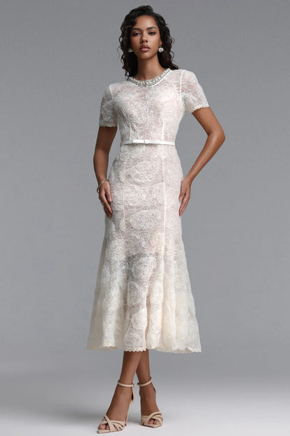 Embellished Jewel Neck Rose Lace Midi Dress - Ivory