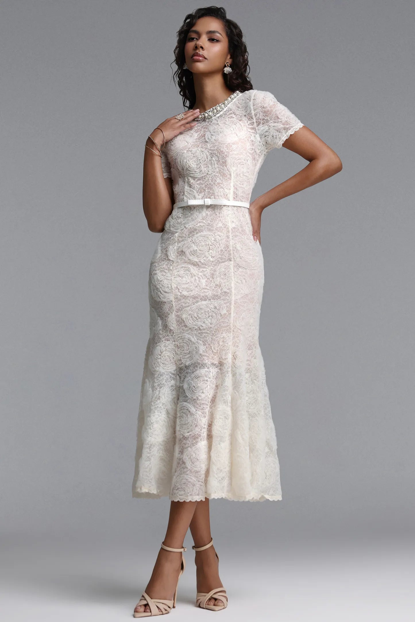 Embellished Jewel Neck Rose Lace Midi Dress - Ivory