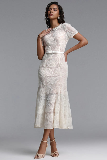 Embellished Jewel Neck Rose Lace Midi Dress - Ivory