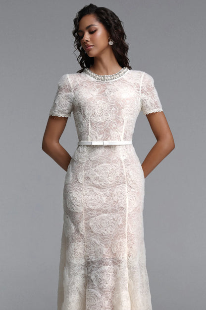 Embellished Jewel Neck Rose Lace Midi Dress - Ivory