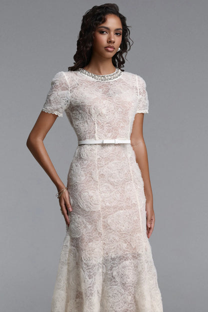Embellished Jewel Neck Rose Lace Midi Dress - Ivory
