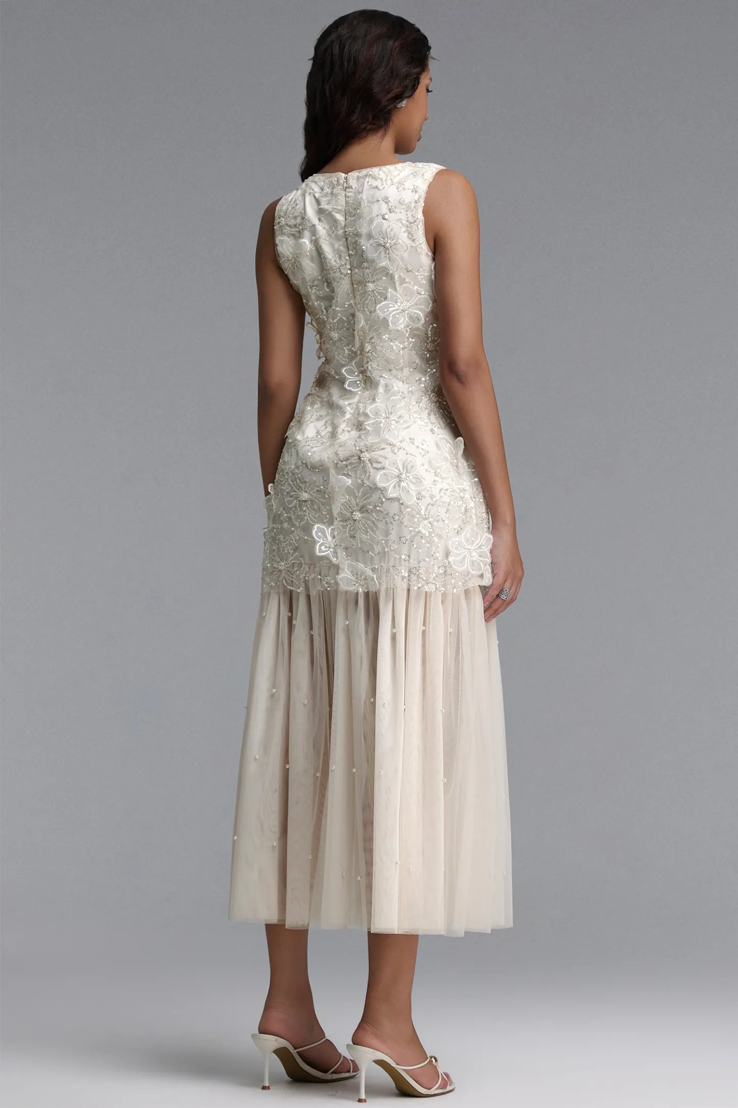 Vintage-Inspired Beaded Tulle and Pearl Midi Dress