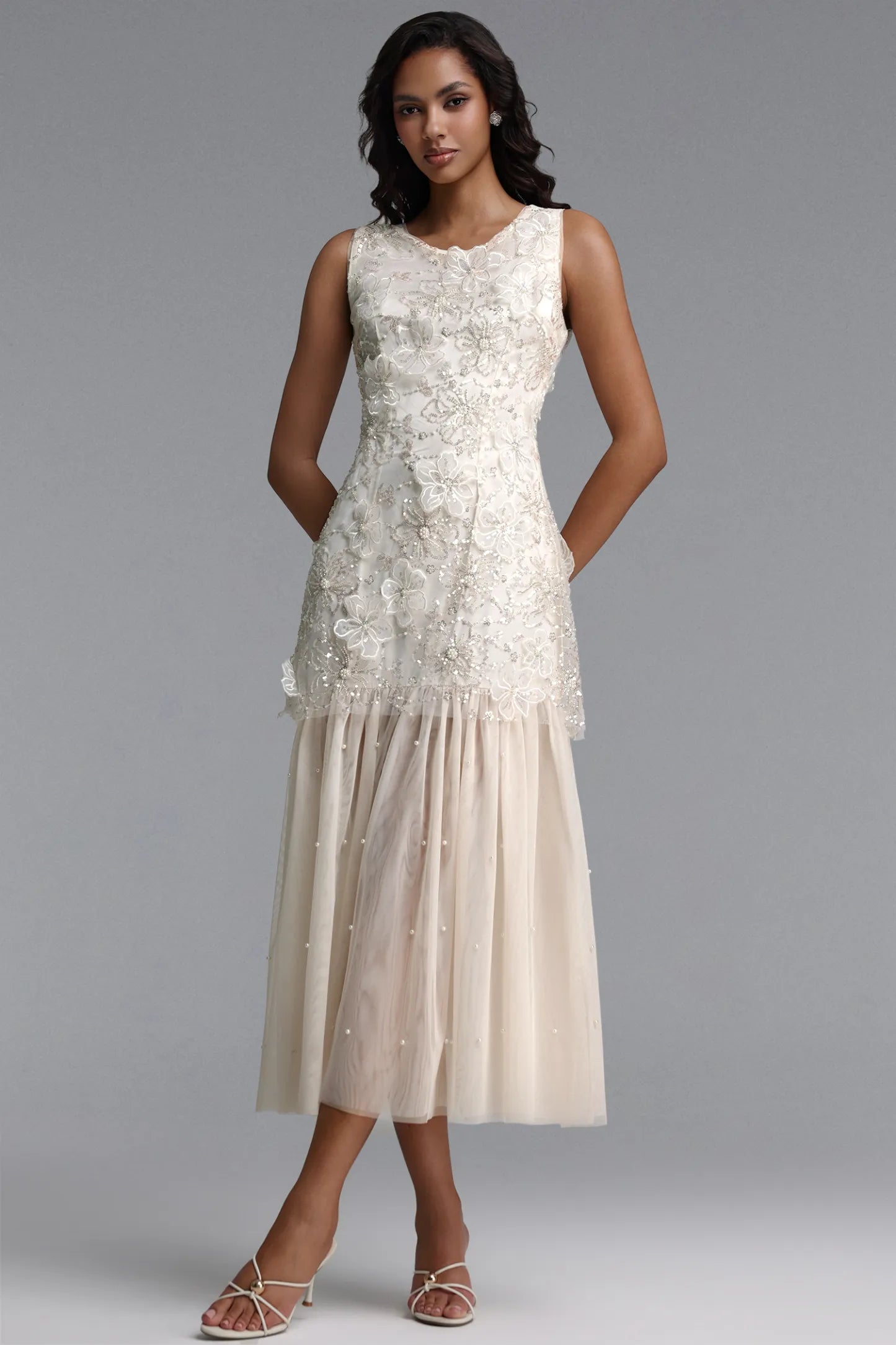 Vintage-Inspired Beaded Tulle and Pearl Midi Dress
