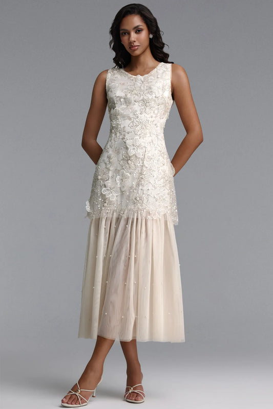 Vintage-Inspired Beaded Tulle and Pearl Midi Dress