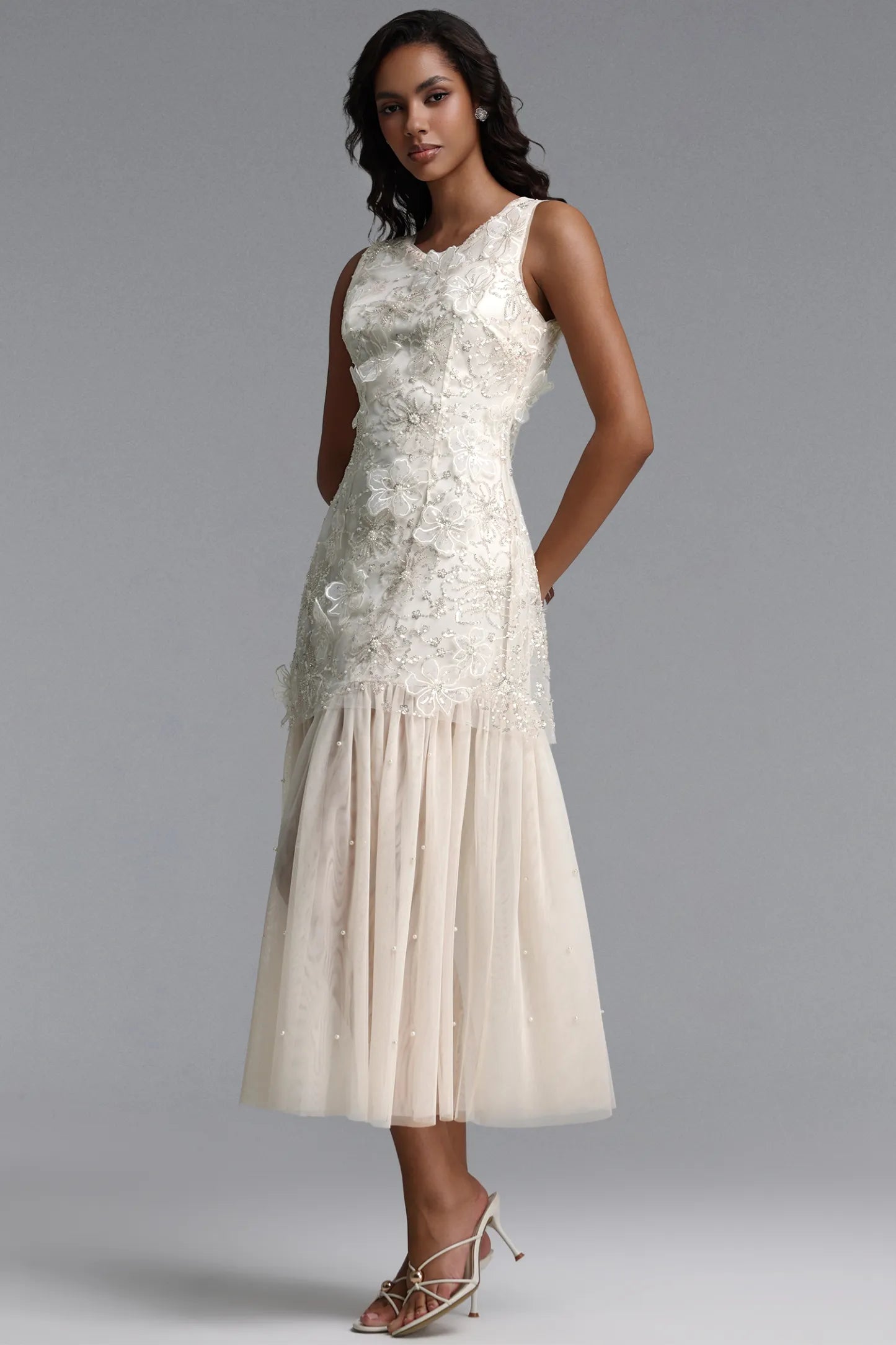 Vintage-Inspired Beaded Tulle and Pearl Midi Dress