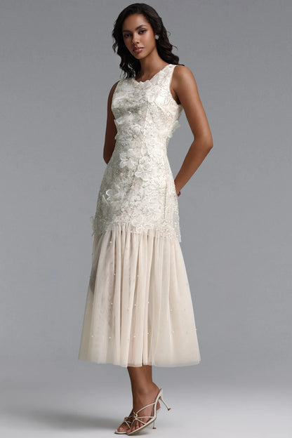 Vintage-Inspired Beaded Tulle and Pearl Midi Dress