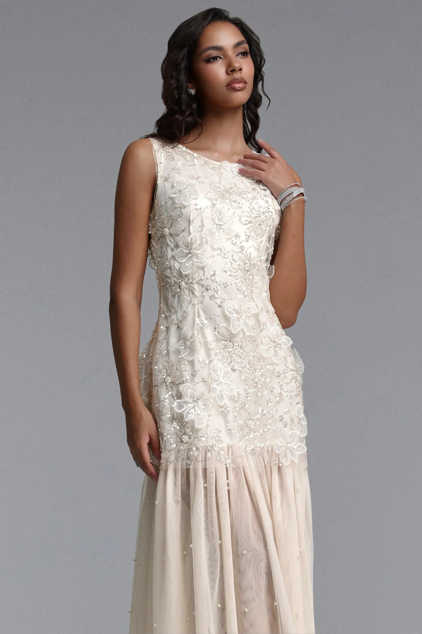 Vintage-Inspired Beaded Tulle and Pearl Midi Dress