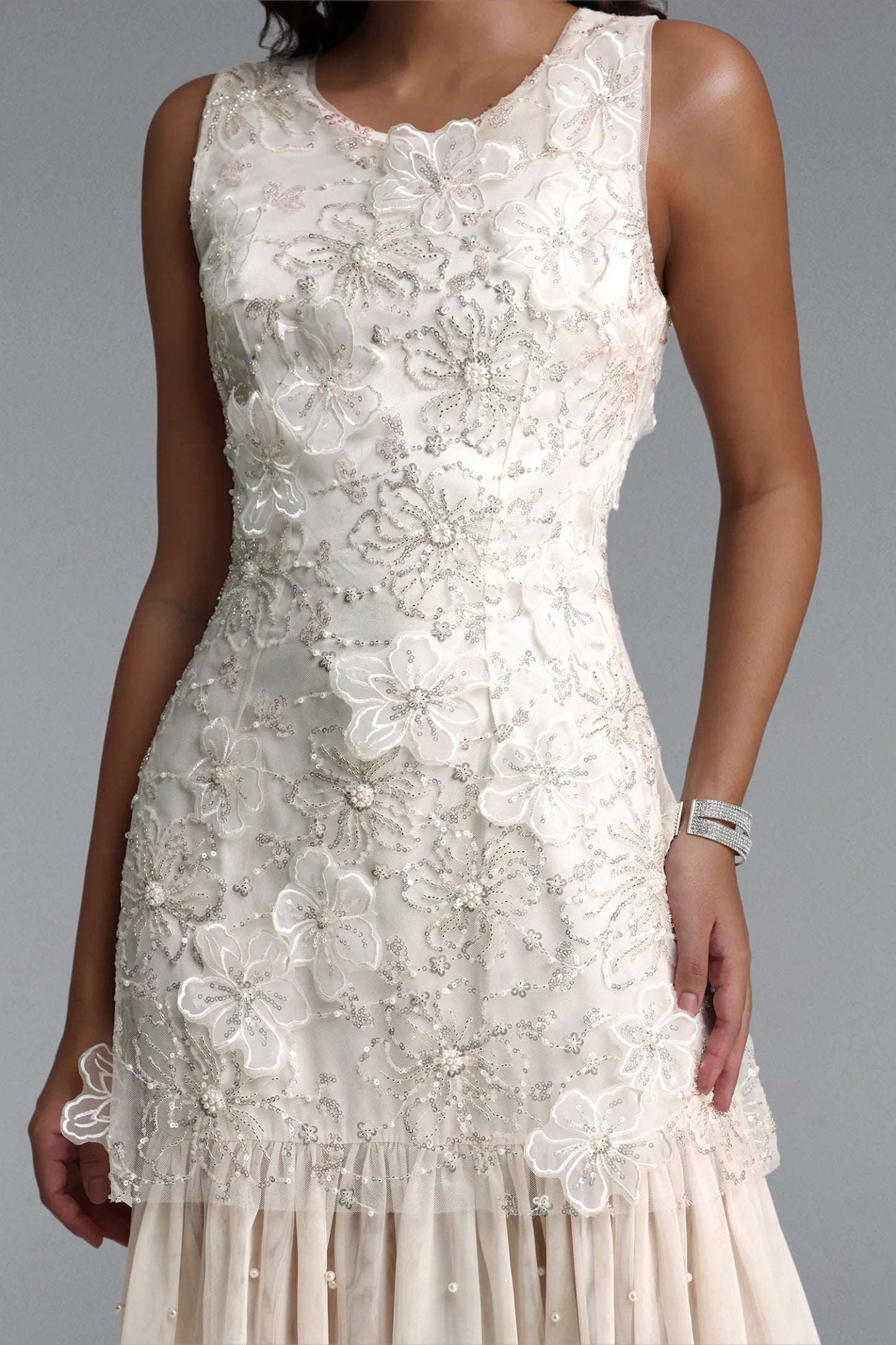 Vintage-Inspired Beaded Tulle and Pearl Midi Dress