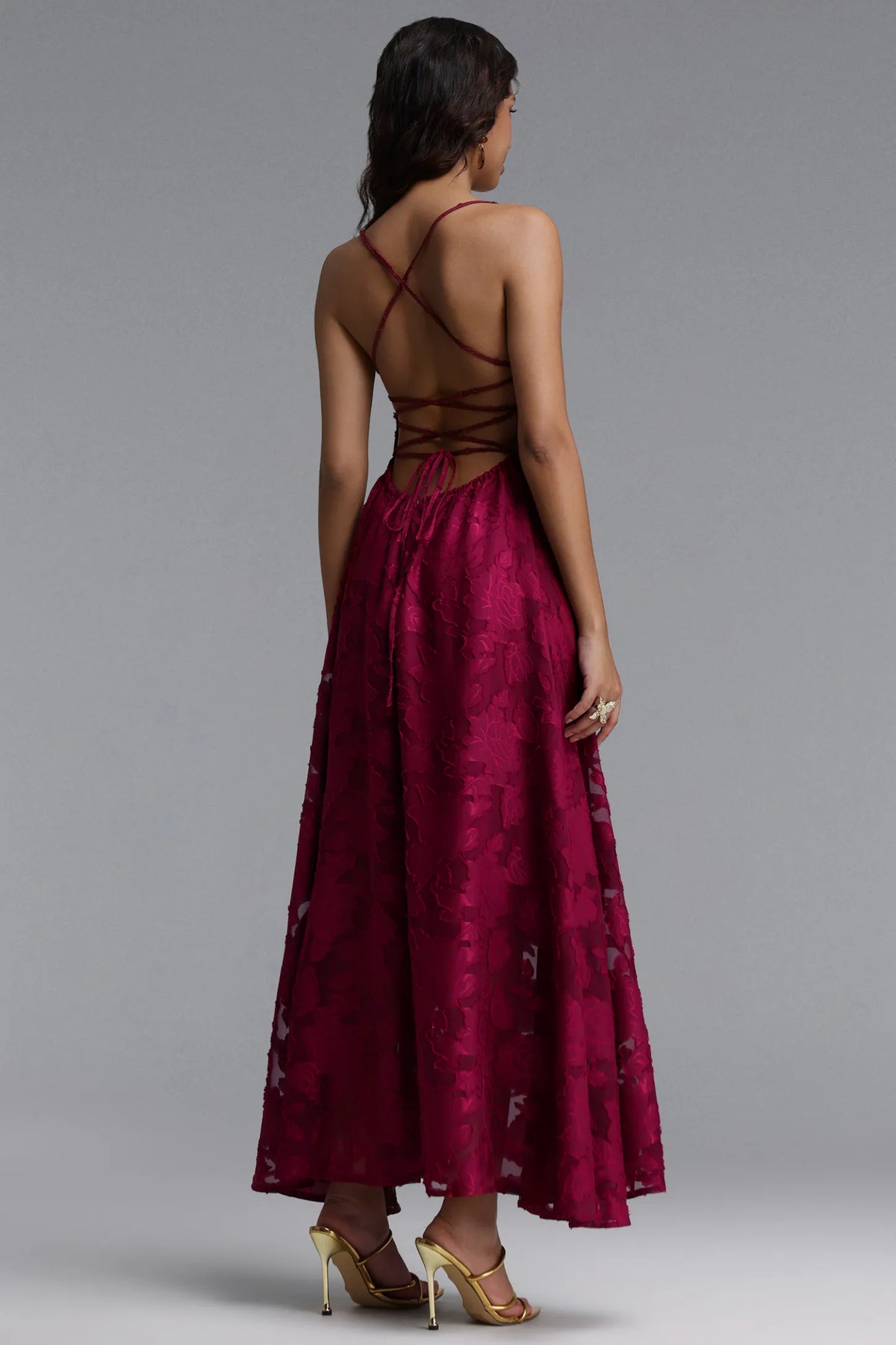 Textured Floral Burnout Spaghetti Strap Maxi Dress - Burgundy
