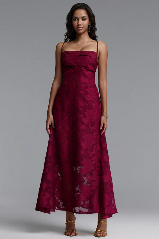 Textured Floral Burnout Spaghetti Strap Maxi Dress - Burgundy