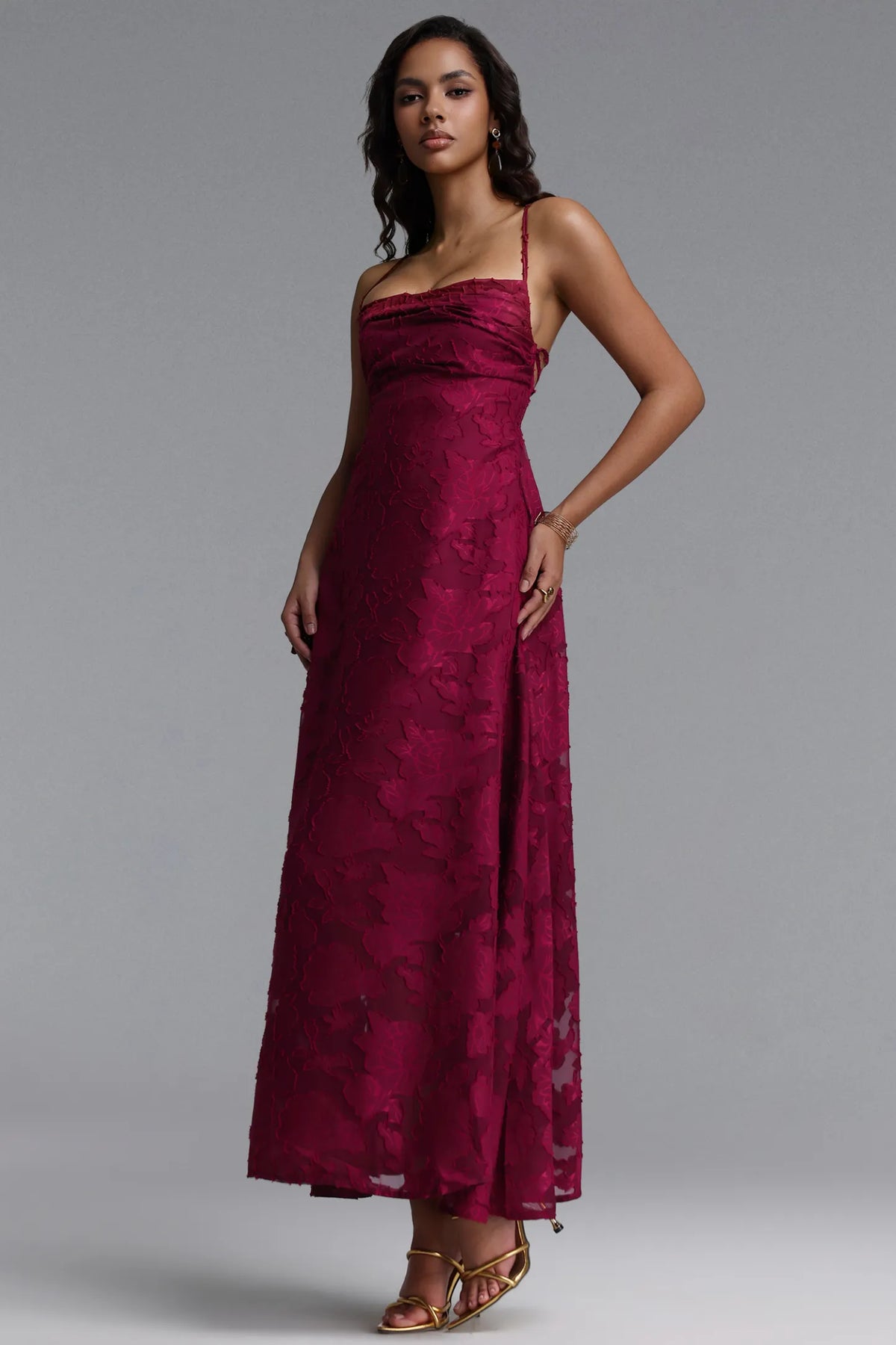 Textured Floral Burnout Spaghetti Strap Maxi Dress - Burgundy