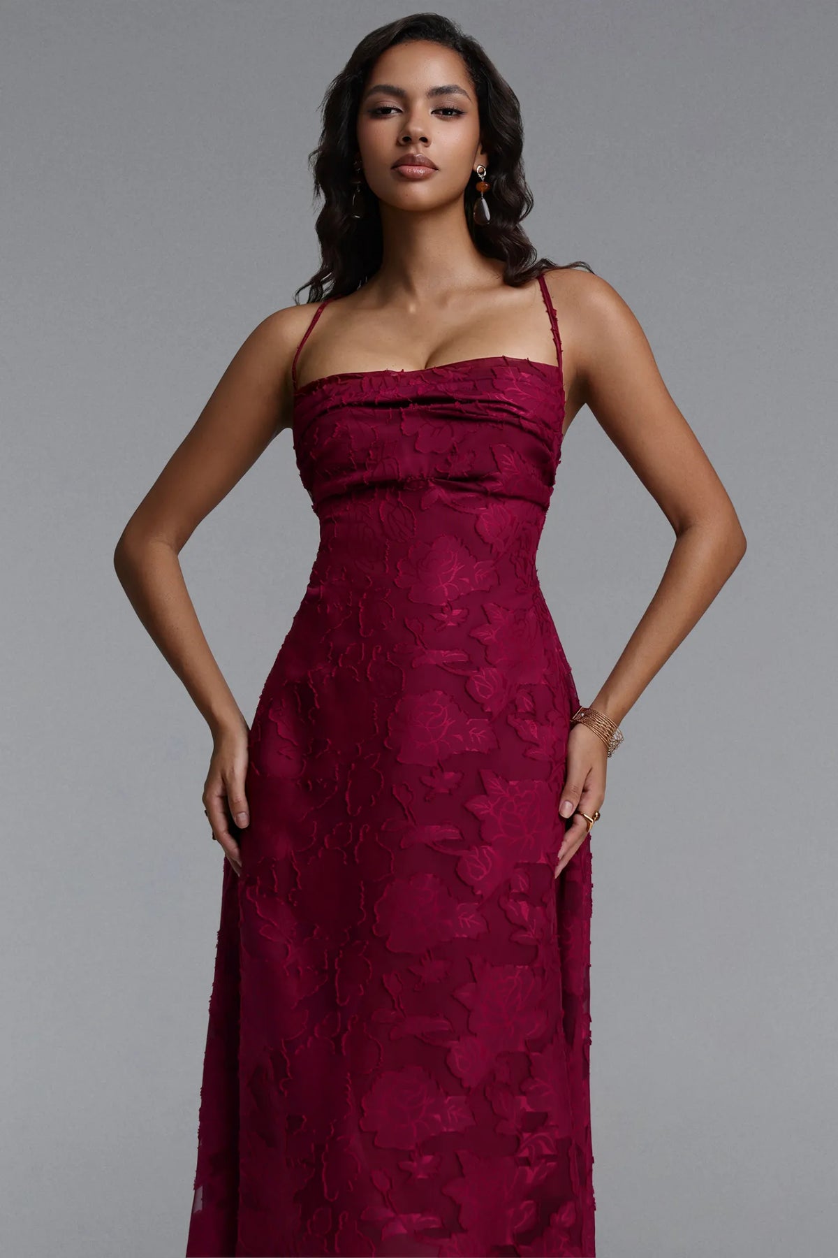 Textured Floral Burnout Spaghetti Strap Maxi Dress - Burgundy