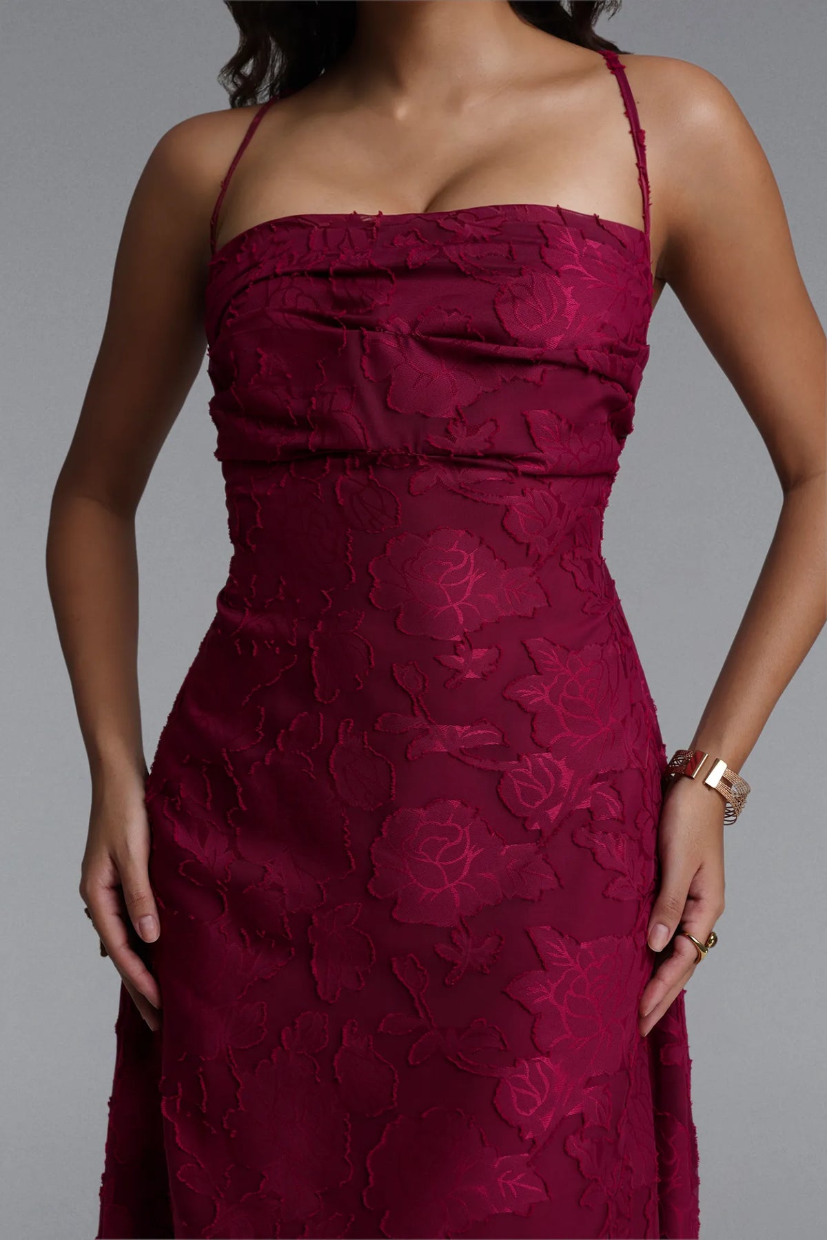 Textured Floral Burnout Spaghetti Strap Maxi Dress - Burgundy