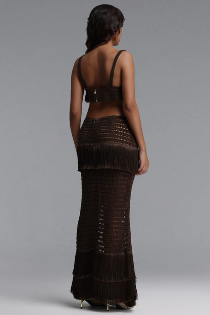 Chocolate Brown Crochet Crop Top and Fringe Maxi Skirt Set