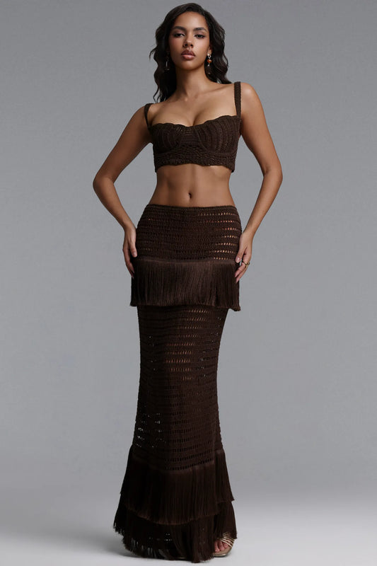 Chocolate Brown Crochet Crop Top and Fringe Maxi Skirt Set