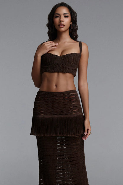 Chocolate Brown Crochet Crop Top and Fringe Maxi Skirt Set