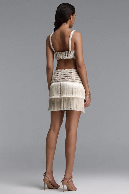 Ivory Crochet Crop Top and Tiered Fringe Skirt Set