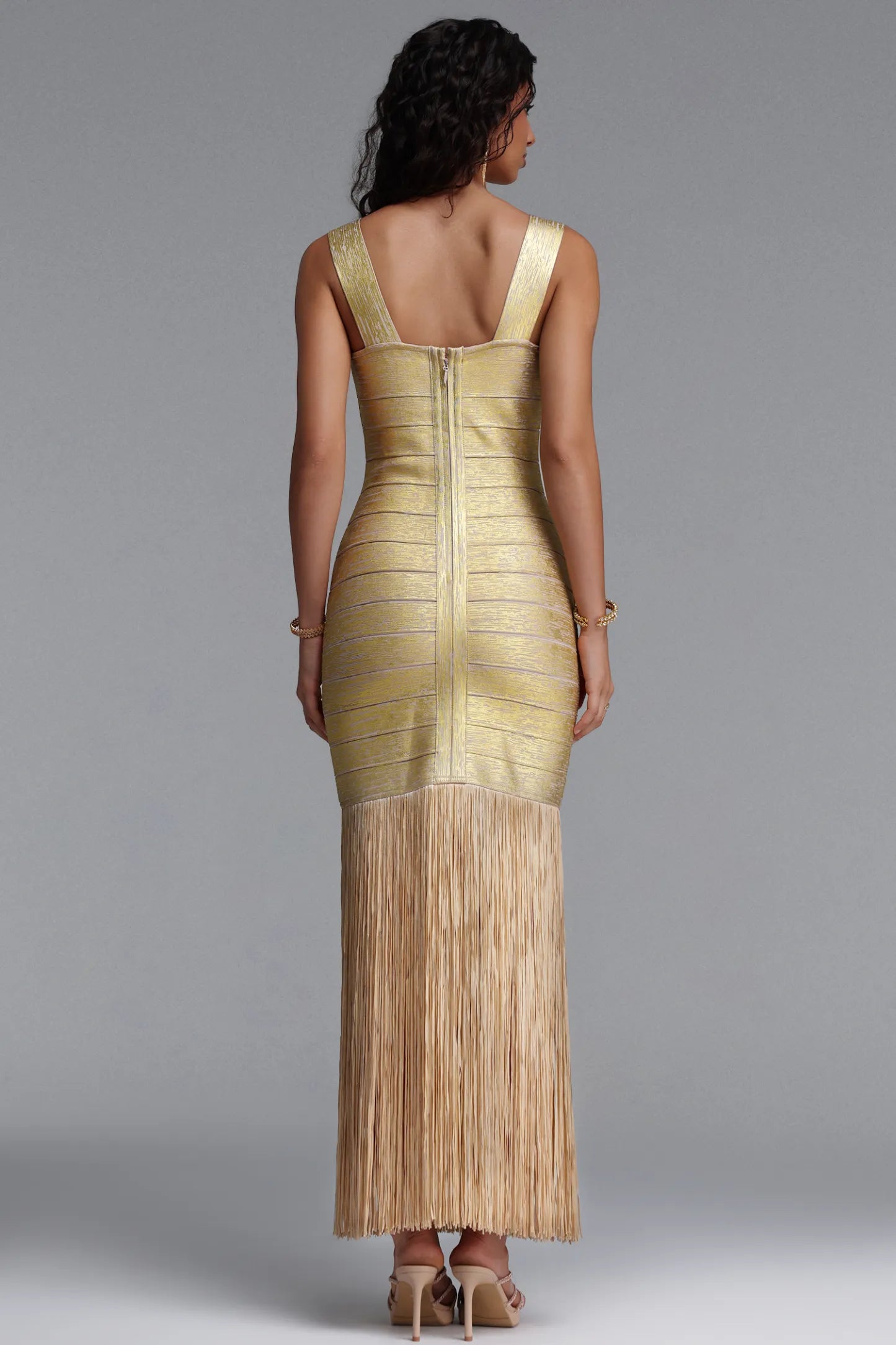 Metallic Gold Bandage Dress with Dramatic Floor-Length Fringe