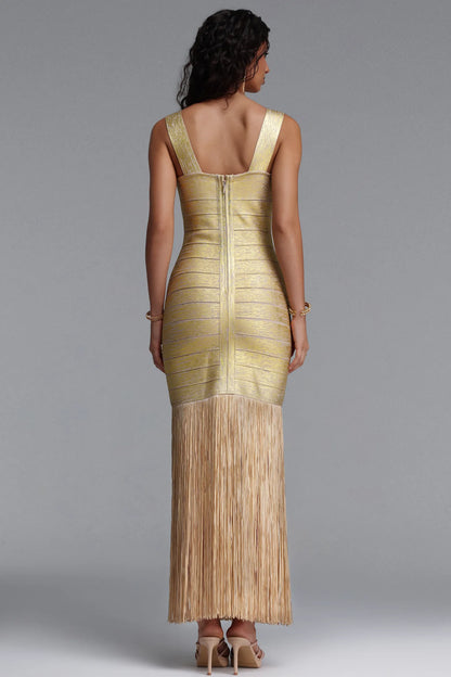 Metallic Gold Bandage Dress with Dramatic Floor-Length Fringe