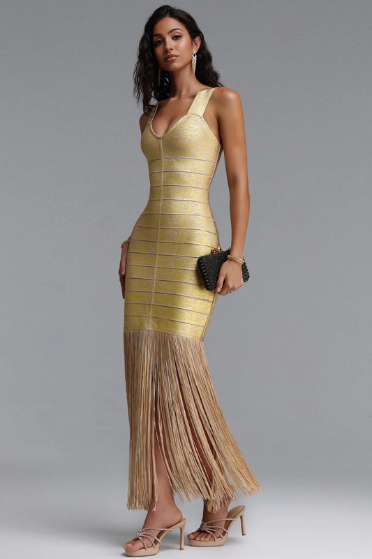 Metallic Gold Bandage Dress with Dramatic Floor-Length Fringe