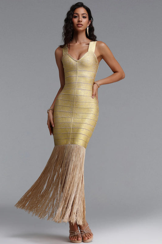 Metallic Gold Bandage Dress with Dramatic Floor-Length Fringe