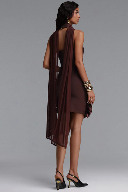 Brown Rosette Hem Halter Mini Dress with Attached Scarf